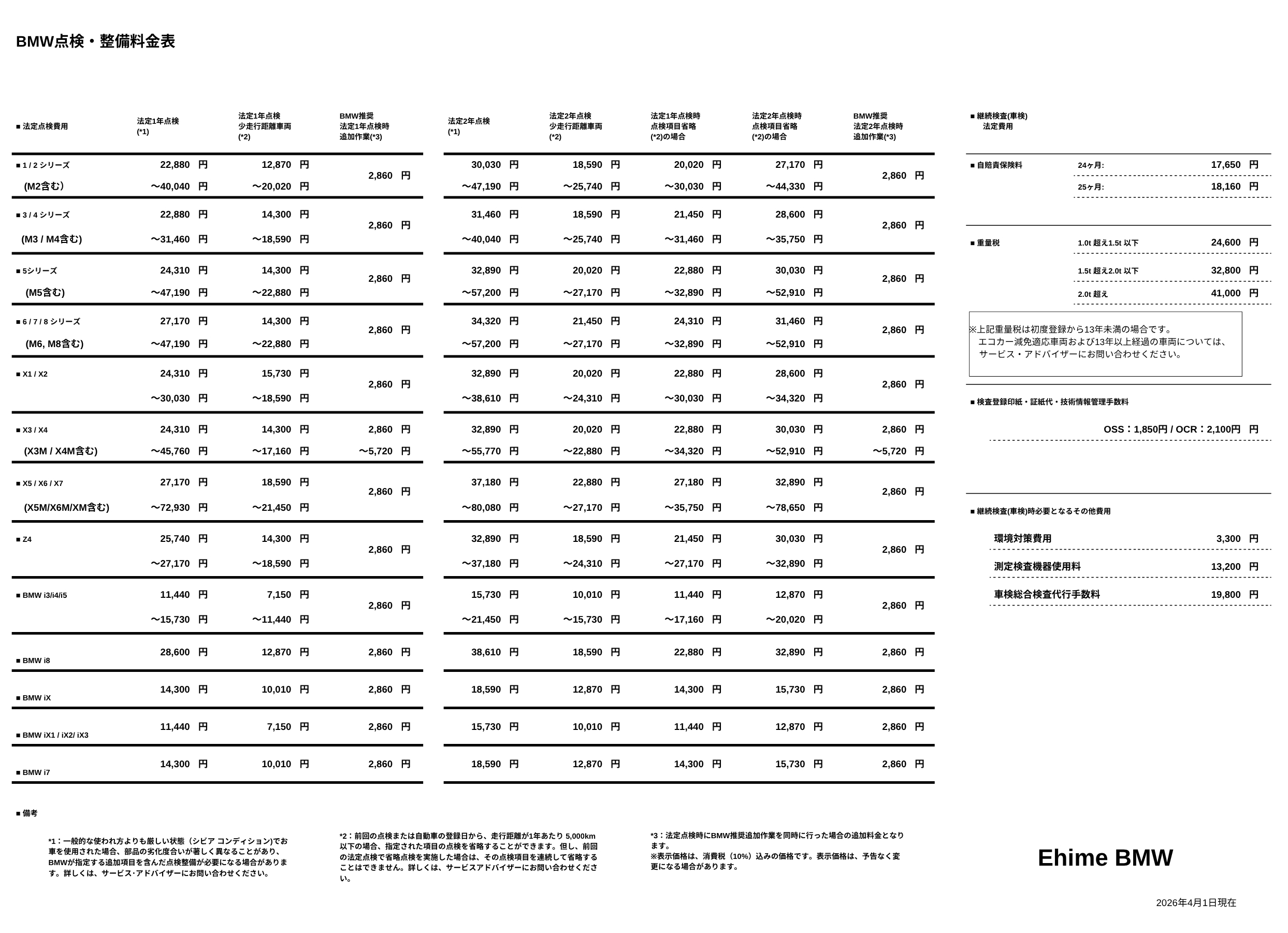点検整備料金表