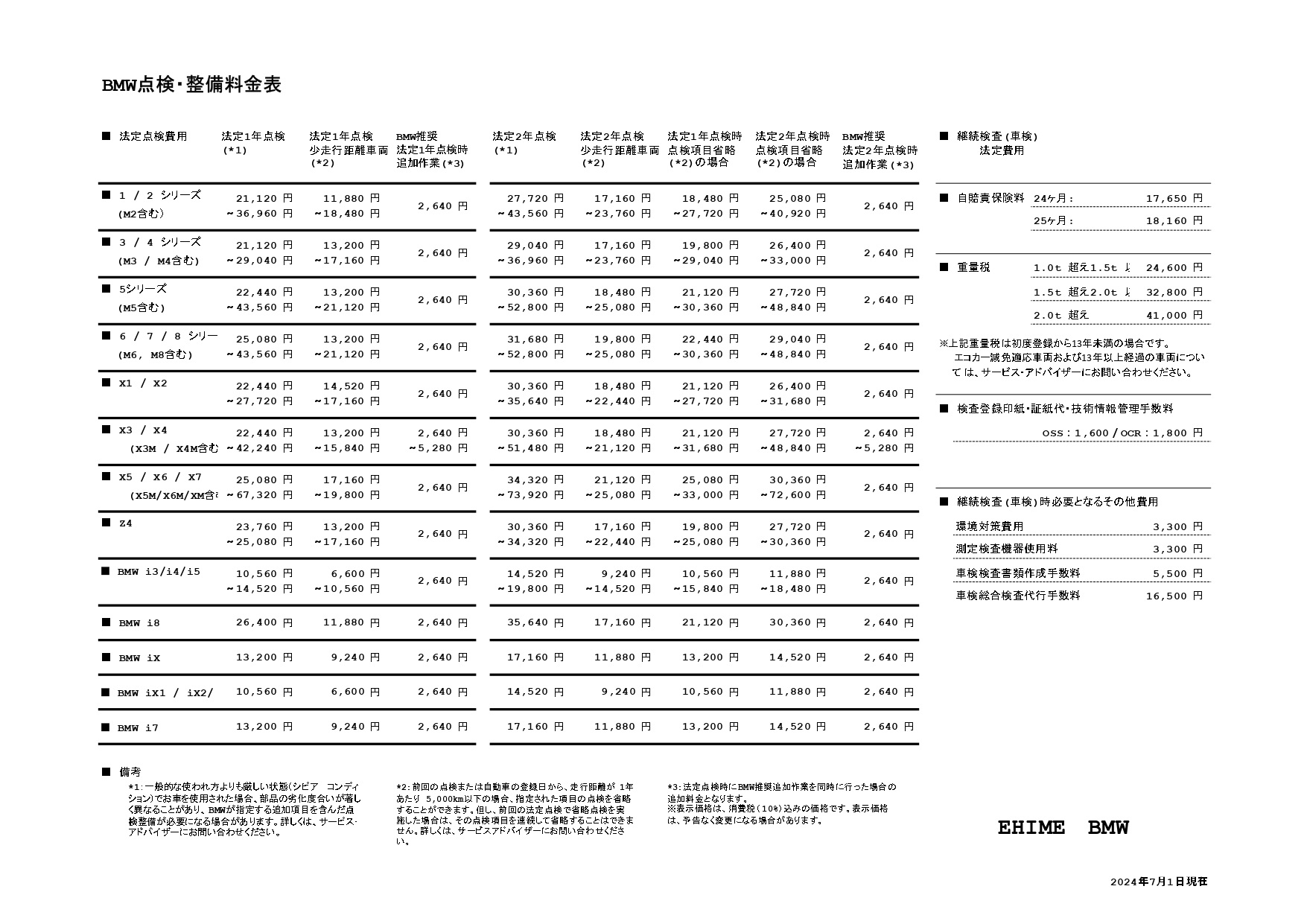 点検整備料金表