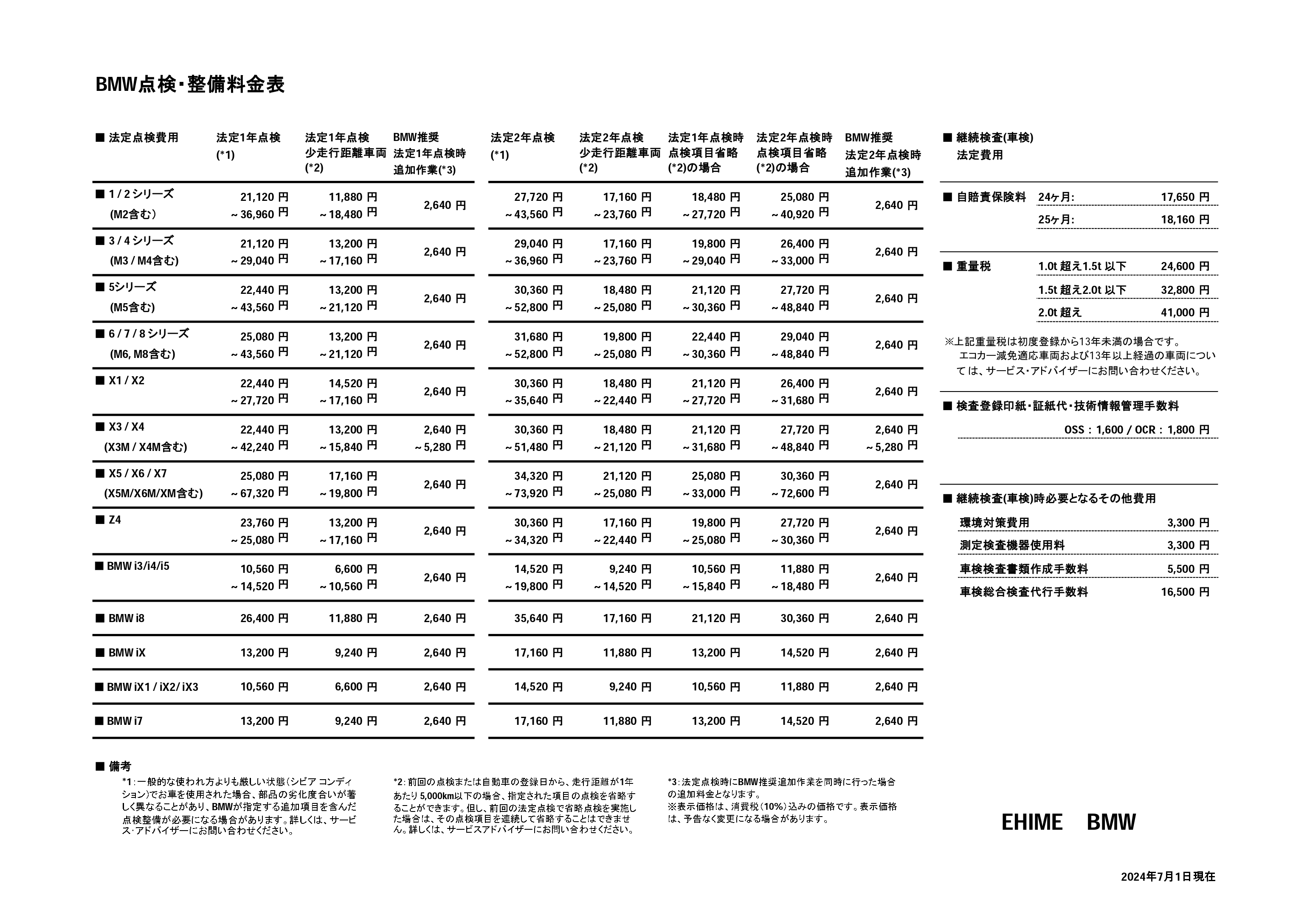 点検整備料金表